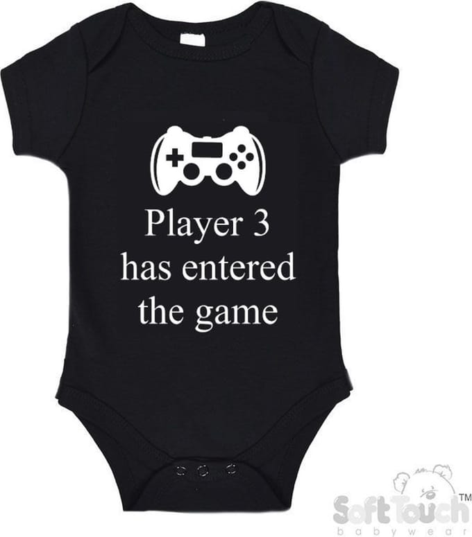 100% katoenen Romper "Player 3 has entered the game" Unisex Katoen Zwart/wit Maat 56/62
