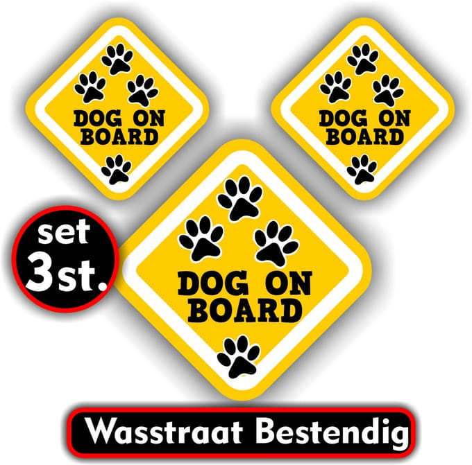Jerma - Dog on Board - Sticker - set 3 st - 1 van 13 cm - 2 van 9 cm - Weerbestendig - Zelfklevend