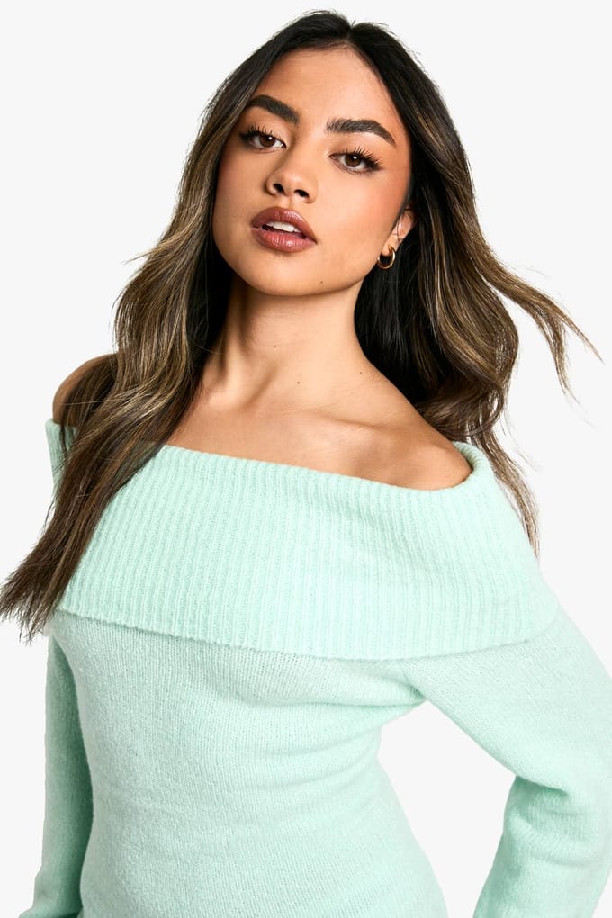 boohoo Dames Rib Bardot decollete Mini Jumper Jurk | Munt | Maat: Medium