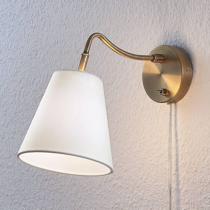 Lindby - Wandlamp - 1licht - Staal, textiel - H: 27.5 cm - E14 - antiek messing, wit
