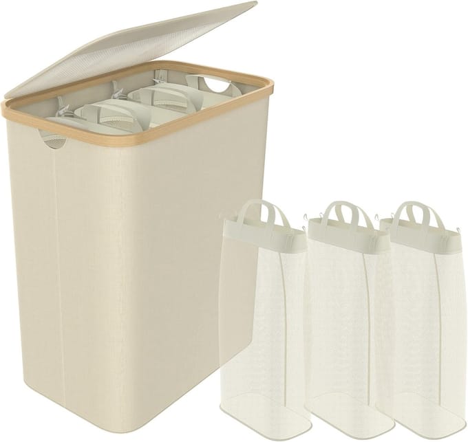 Wasmand Met Deksel - Kleding Opberger - Sorteren Vuile Was - Drie Compartimenten - 56x37x67cm - Beige