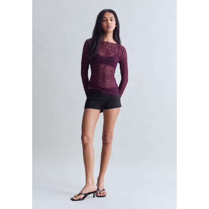 Stradivarius T-shirt van kant met lange mouw  Purper M