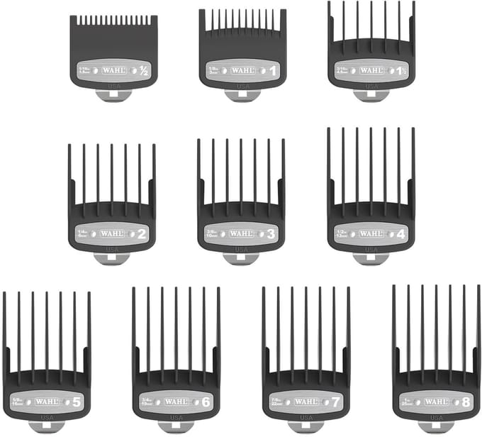 Wahl Premium snijgidsen met poly -tas - premium bevestigingskammen, 1,5 mm tot 25 mm - geschikt voor alle Wahl Corded Hair Clippers, 10 pc's