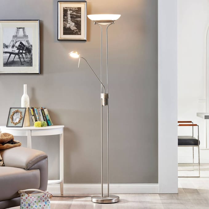 Lindby LED vloerlamp Yveta, nikkelkleurig, leeslamp, dimbaar