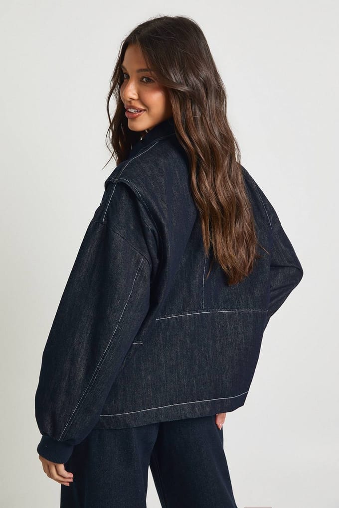 boohoo Dames Denim Bomberjack Met Contrasterende Stiksels | Indigo | Maat: 34