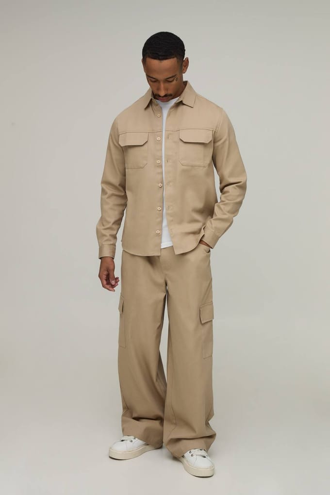 Regular Overhemd & Straight Fit Cargo Broek Set | Stone | Size Large