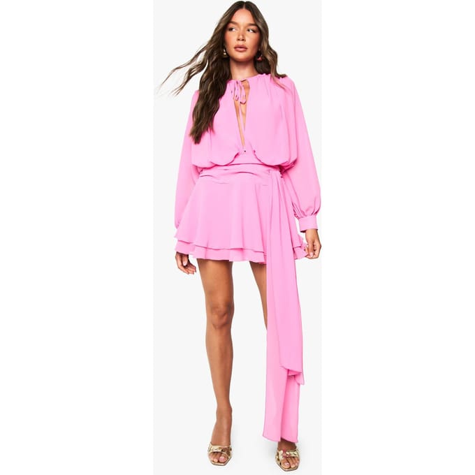 boohoo Dames Chiffon gerafelde gedrapeerde smock jurk | Roze | Maat: 36