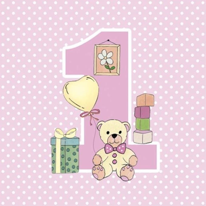 Lunch servetten Eerste verjaardag met teddybeer Roze - Maki - 33x33 cm