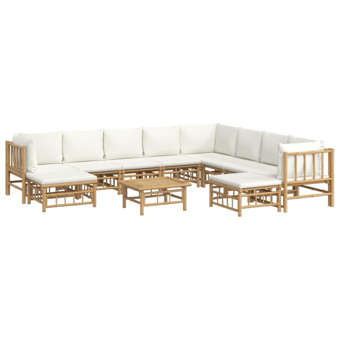 vidaXL - 11-delige - Loungeset - met - kussens - bamboe - crèmewit