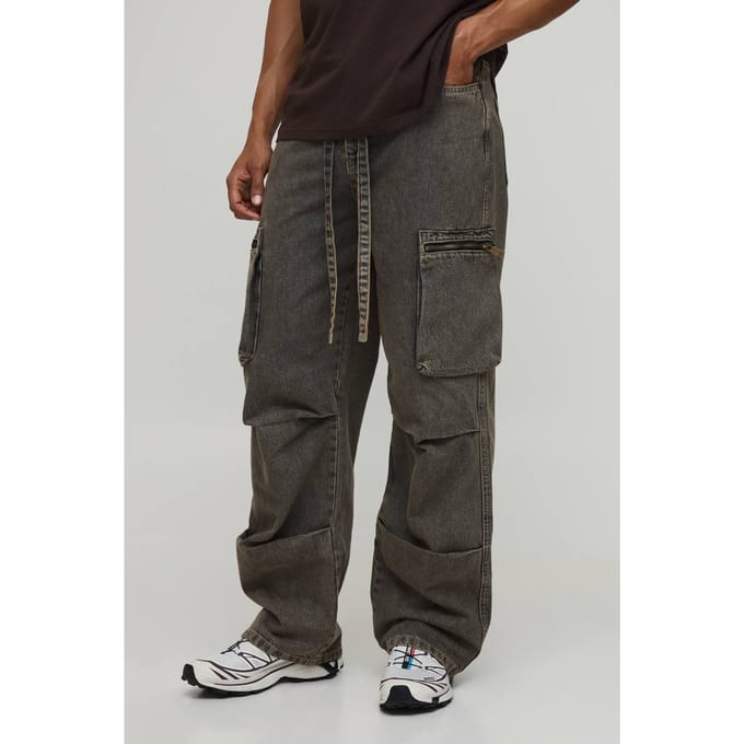 Plooiknie Geriemde Relaxed Fit Cargo Jeans | Stone | Size 28R
