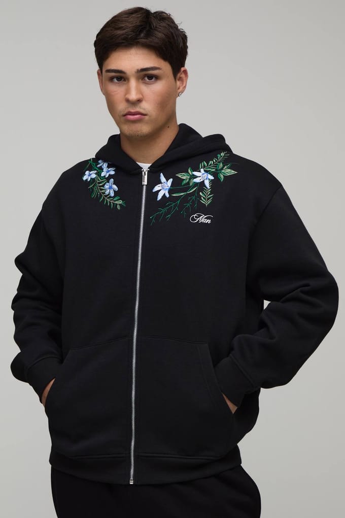 Oversized Boxy Hoodie Met Ritssluiting En Geborduurd Bloemenpatroon | Black | Size Medium