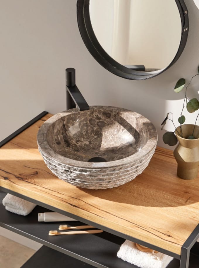 Natuursteen waskom rond grijs 40x40x15 cm – Almaris opbouw