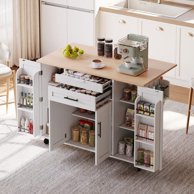 Sweiko Eettafel - Verrijdbaar keukeneiland - 2 lades - Verstelbare planken - Houtnerf tafelblad - Wit