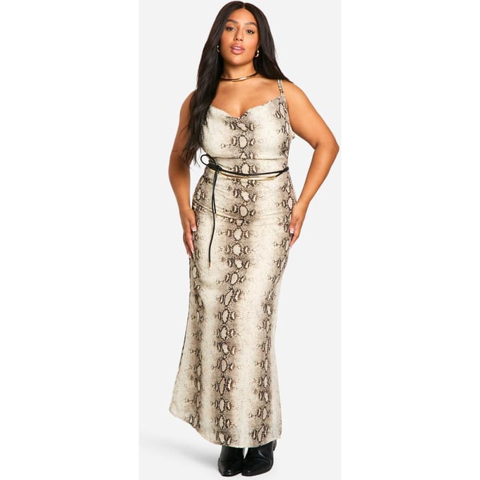 boohoo Dames Plus Snake Chiffon Cowl Maxi Jurk | Slangenprint | Maat: 56