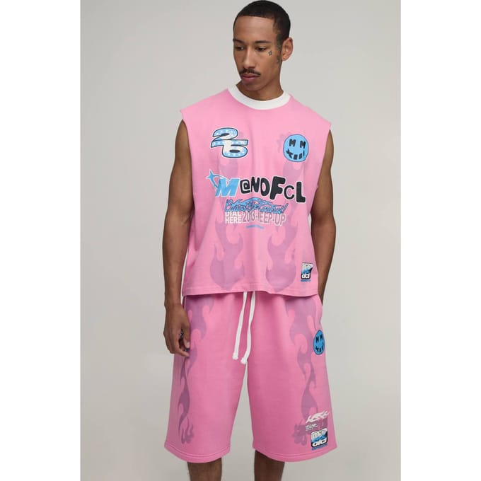 Oversized Boxy Moto Grafische Tanktop En Jort Set | Pink | Size Medium