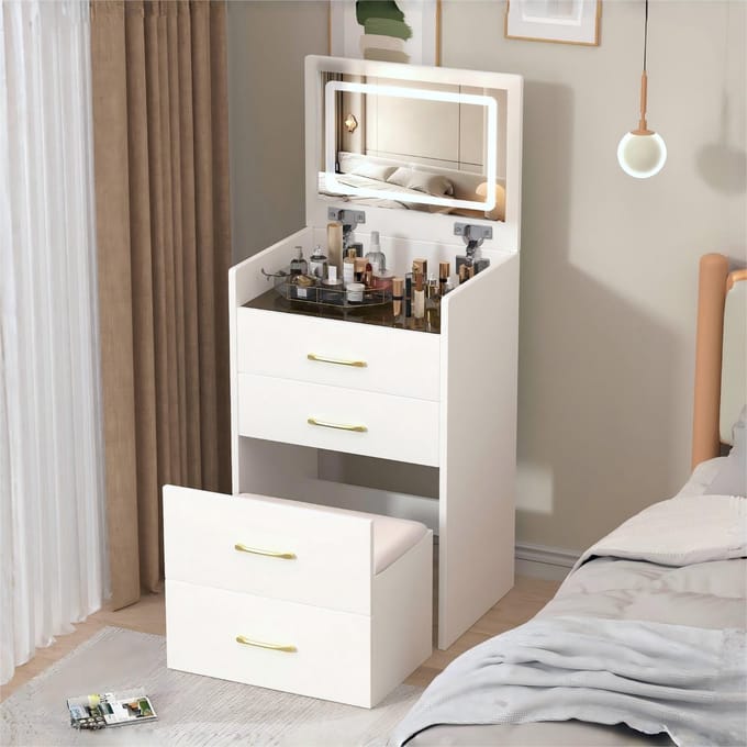 Sweiko Kaptafel - Met kruk - LED-spiegel - Glazen tafelblad - 3 lades - Wit