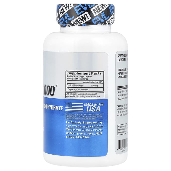 EVLution Nutrition, Creatine1000®, 1.000 mg, 120 Plantaardige Capsules (500 mg per capsule)