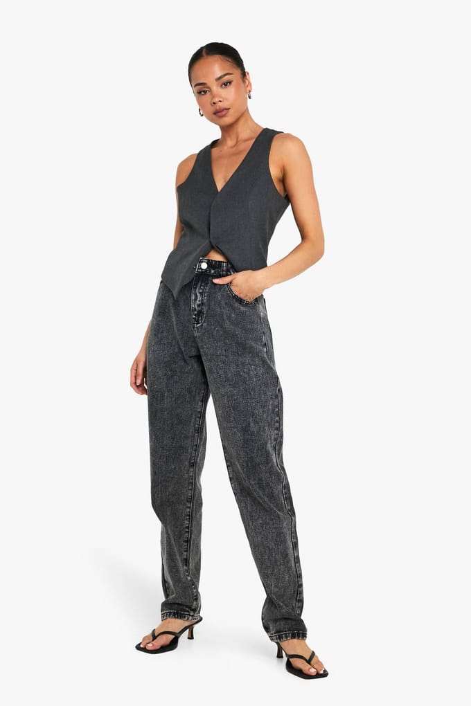 Dames Boohoo Basics Hoge Taille Straight Leg Jeans | Washed Black | Maat: 6/32L