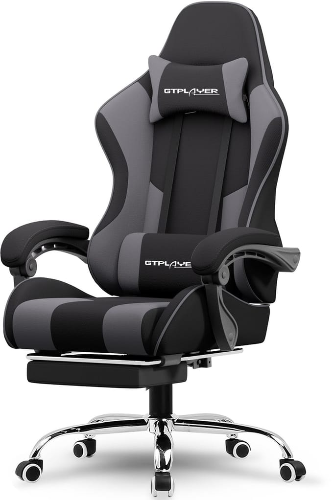 GTPLAYER Gamingstoel 135° verstelbaar, ergonomisch, met uitschuifbare voetsteun - Grijs stof