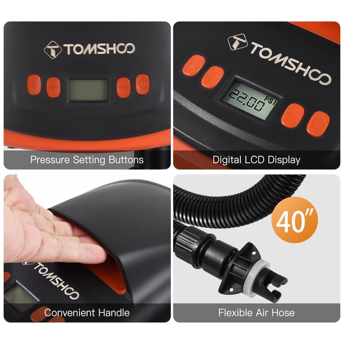 TOMSHOO – pompe à Air électrique numérique SUP, 110W, 12 volts, 22psi, gonfleur d'air rapide haute pression avec écran LCD orange