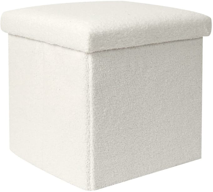 Home Deco Factory Poef/hocker opvouwbaar - bouclé stof - opbergbox - wit - polyester/mdf - 38 x 38 cm