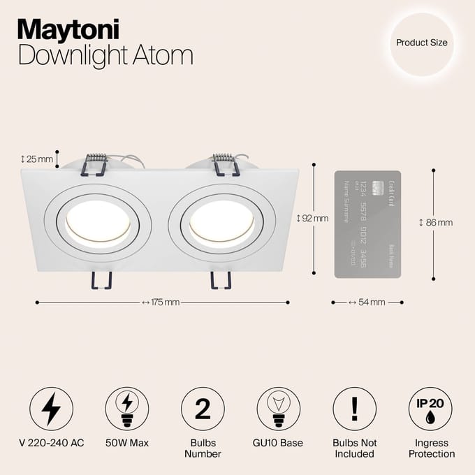 Maytoni inbouwlamp Atom, wit, 2-lamps, 17,5 x 9,2 cm