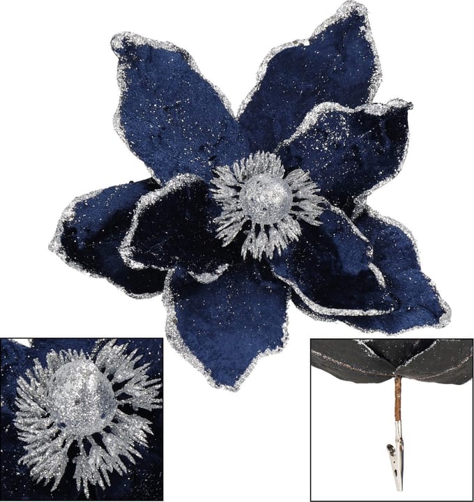 Springos Kunstbloem | Kerst |Ster van Bethlehem | Clip | Marineblauw | Glitters