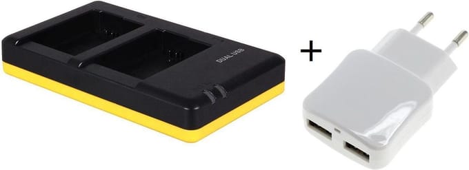 Huismerk Duo lader voor 2 camera accu's Canon LP-E10 + handige 2 poorts USB 230V adapter