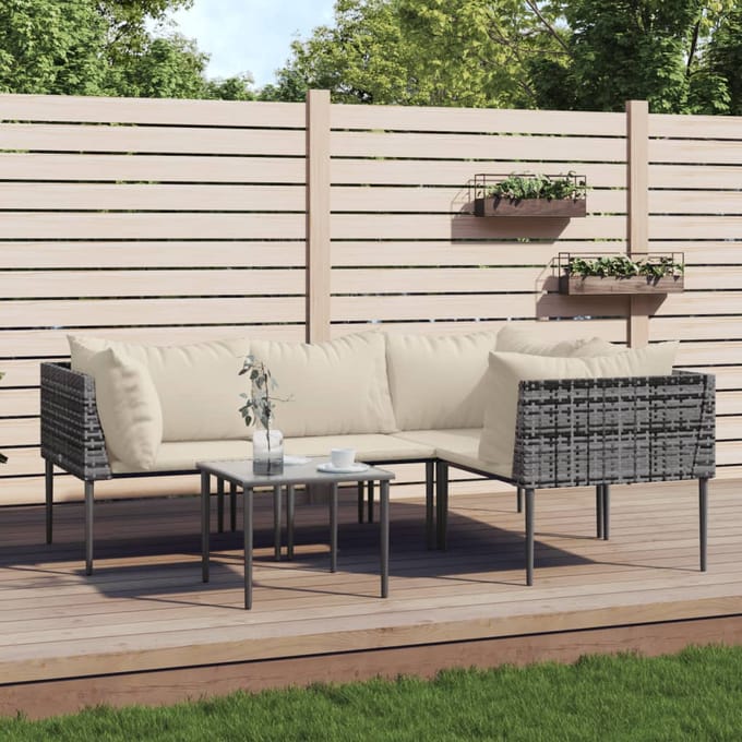 vidaXL - 5-delige - Loungeset - met - kussens - poly - rattan - grijs