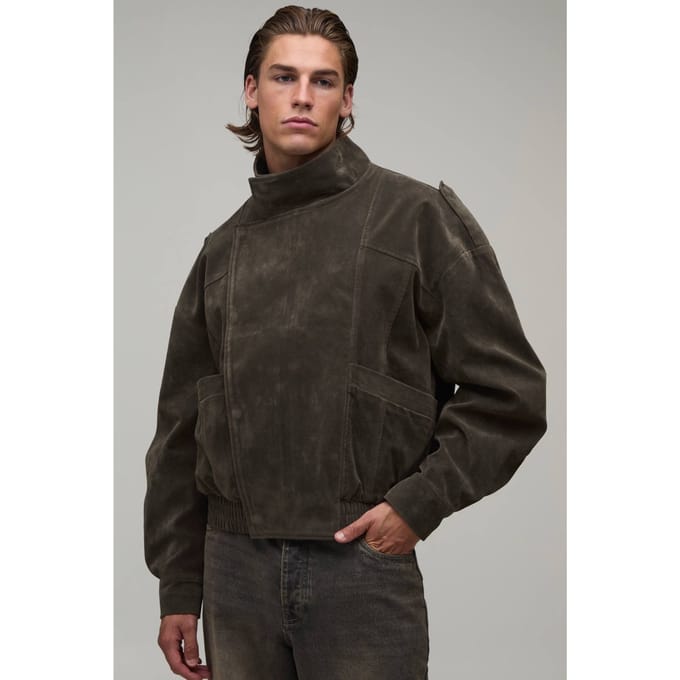 Boxy Fit Faux Suède Funnel Biker Jack | Chocolate | Size Medium