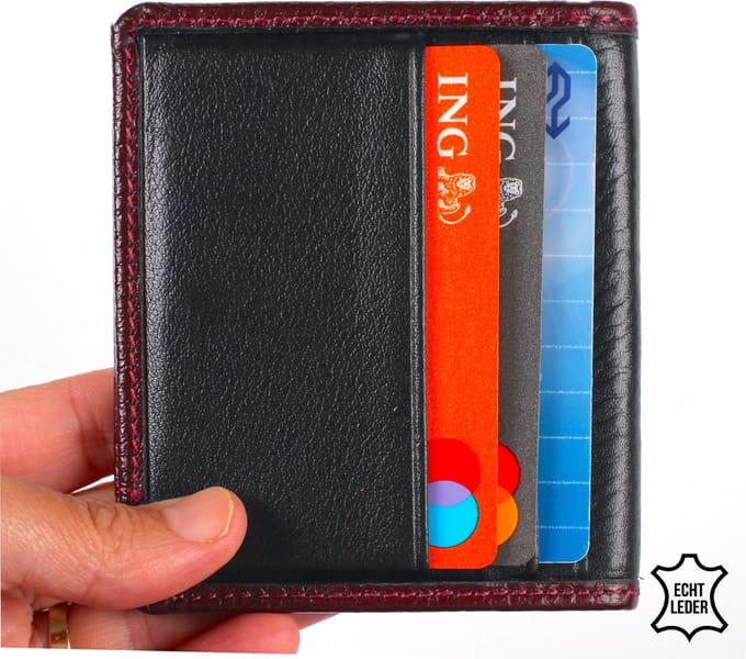 Bagwise Pasjeshouder - Kaarthouder - Creditcard houder -Platte Portemonnee - Echt Leer - Zwart/Bordeaux