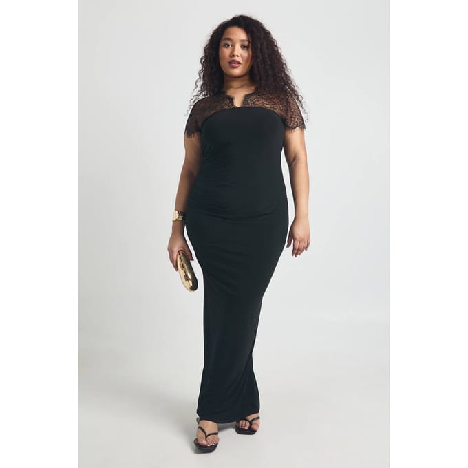 boohoo Dames Plus Kanten Inzet V-hals Maxi Jurk | Zwart | Maat: 52