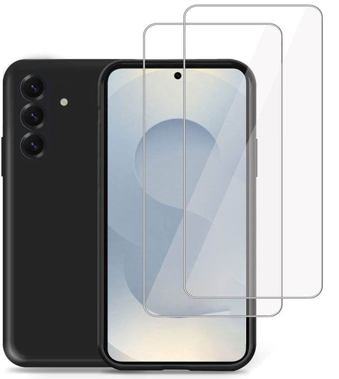 Technow hoesje + 2x Screenprotector geschikt voor Samsung S25 Plus – Tempered Glass - Liquid Back Case Cover Zwart