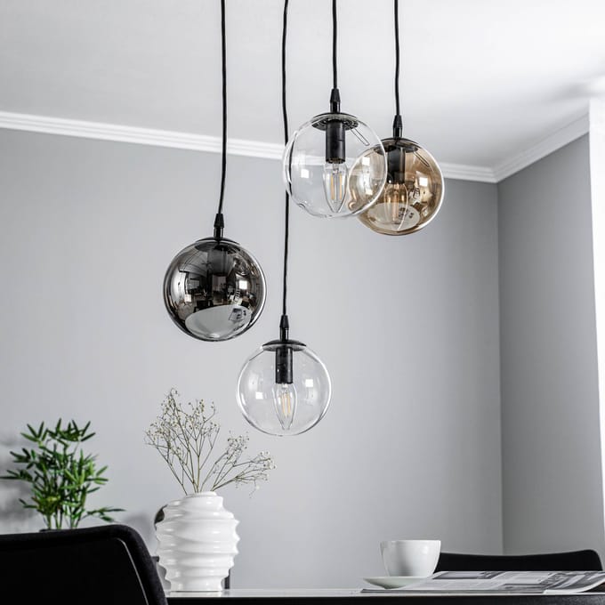 EMIBIG LIGHTING Hanglamp Glassy, 4-lamps, zwart, grafiet/amber/helder, E14