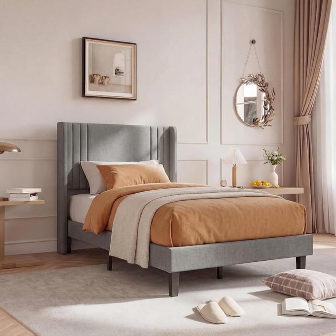 Gestoffeerd Bed - Linnen Bedframe - Comfortabel Slapen - Ergonomisch Hoofdeinde - 90x200 cm - Grijs