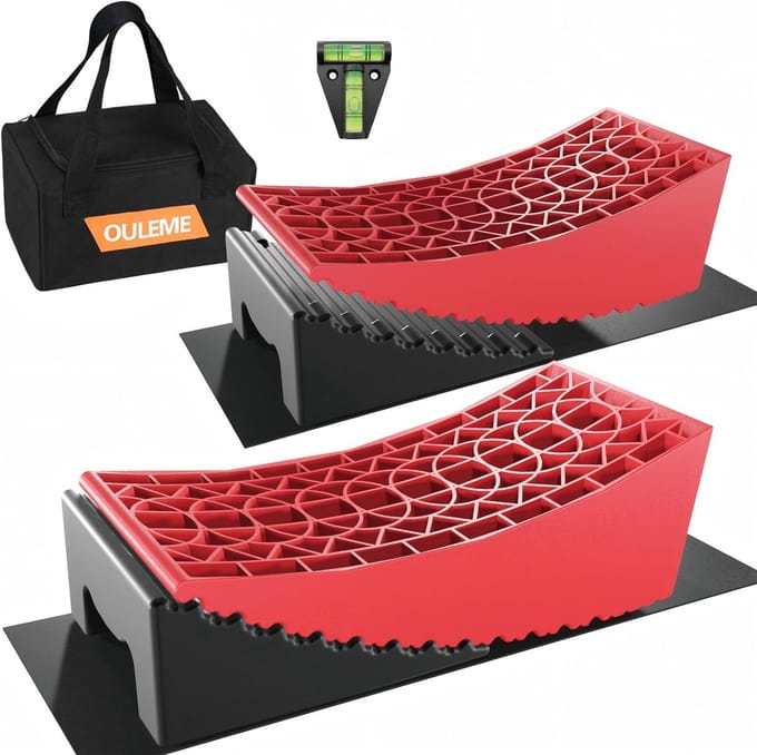 Nivellering Blokken voor Campers - 2 Packs met Helling, Chocks, Rubbermatten, T Bubble Level en Draagtas