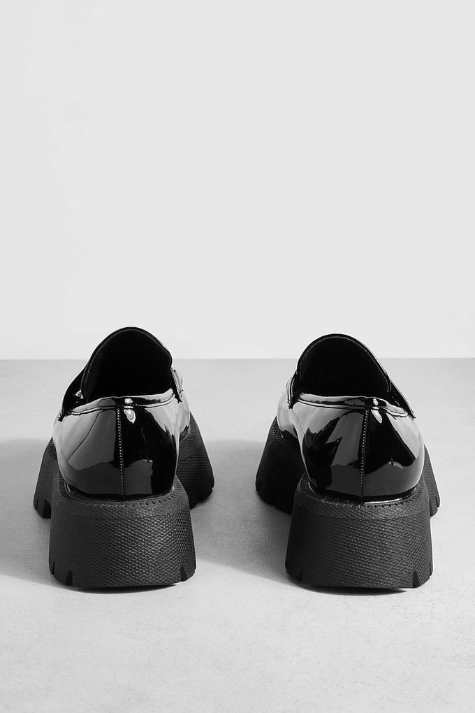 boohoo Dames Wide Fit Platform Chunky Sole T Bar Loafers | Black | Maat: 3