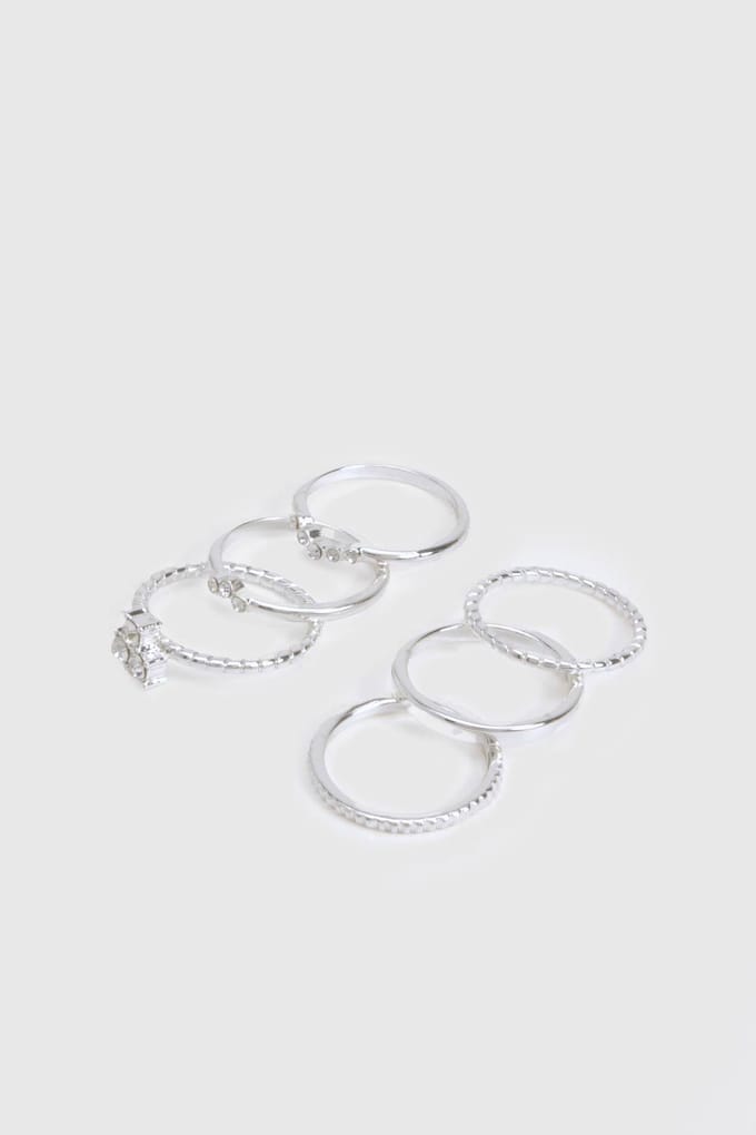 boohoo Dames Silver Diamante 6-Pack Ringen | Zilver