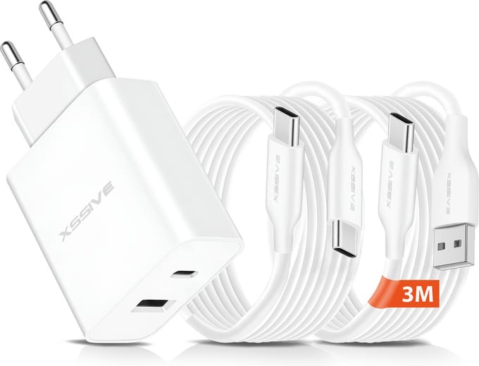 Snellader 2 Poorten met USB C Kabels 3 Meter - Universeel