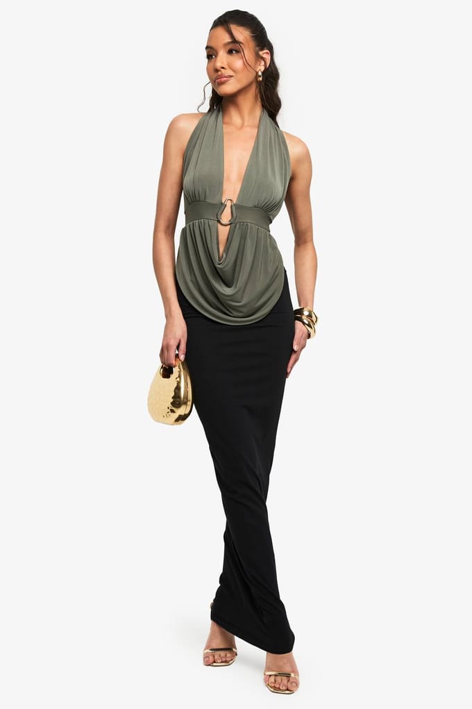 boohoo Dames Slinky Trim Detail Cowl Front Top | Kaki | Maat: 42