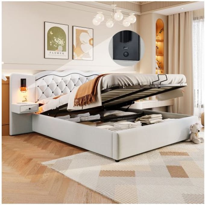 Verlicht - MUVOE - 180x200 cm - Gestoffeerd - Opbergruimte - Ingebouwde USB-poorten beige