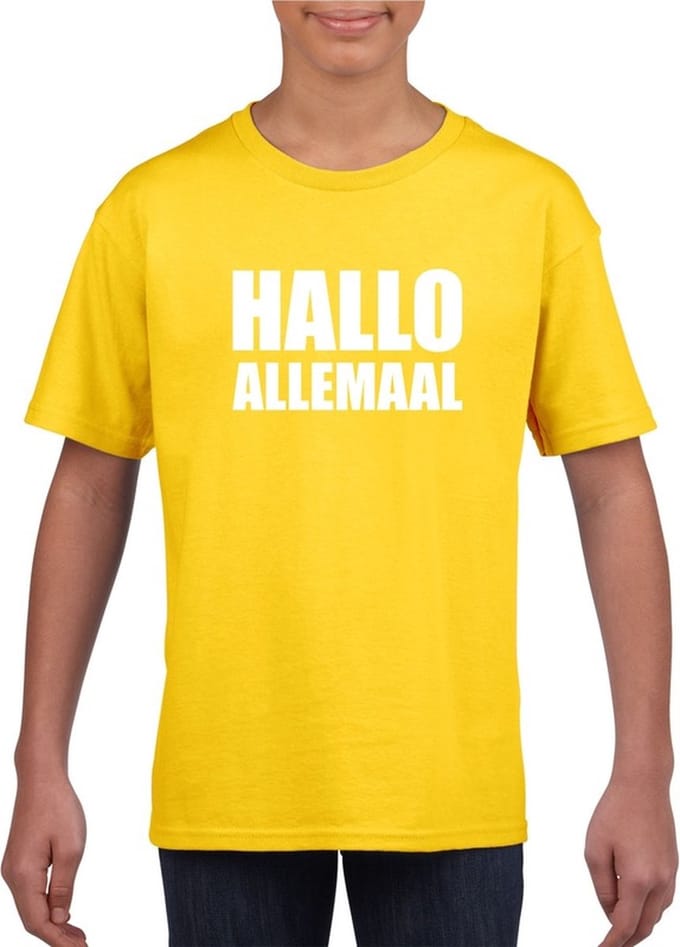 Hallo allemaal tekst geel t-shirt voor kinderen 146/152