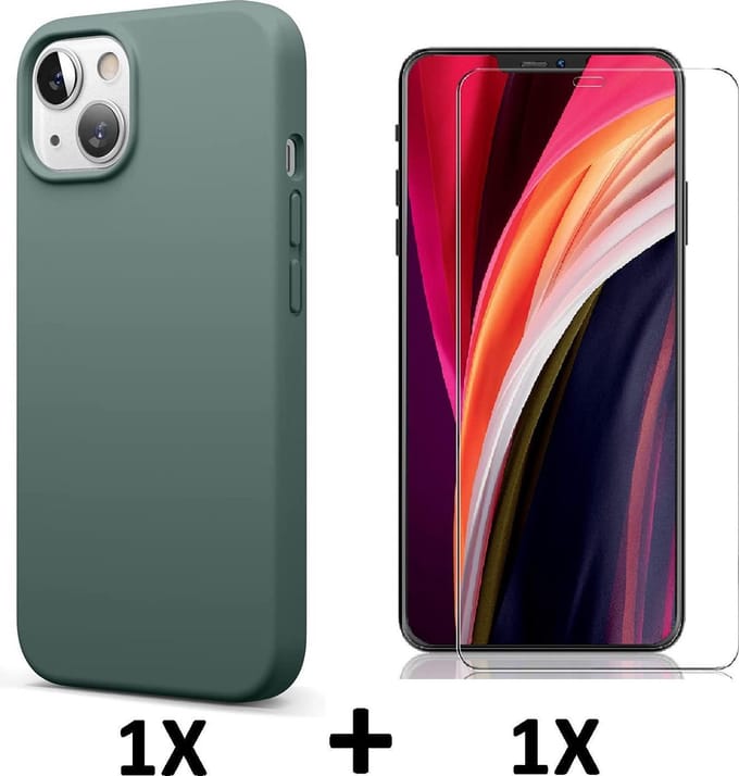 HB Hoesje Geschikt voor Apple iPhone 13 - Groen / Glazen Screenprotector - Siliconen Back Cover