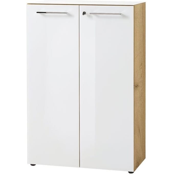 Vijlkast MONTERIA, front & dekplaat glas, afsluitbaar, 3 OH, B 800 x D 370 x H 1200 mm, Navarra eik/wit