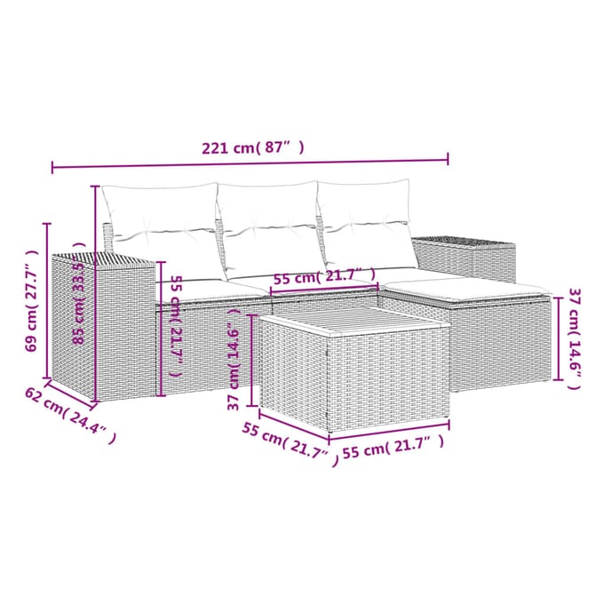 vidaXL - 5-delige - Loungeset - met - kussens - poly - rattan - grijs
