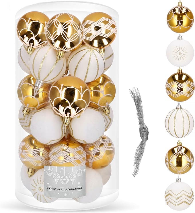 Springos Kerstballen | 30 Stuks | 5 cm | Goud/Wit
