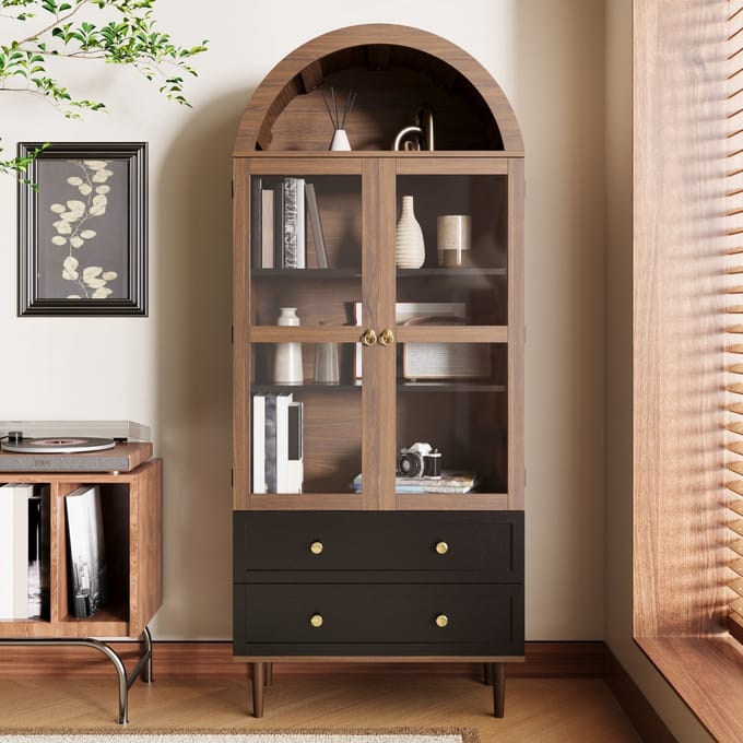 REDOM - Sideboard - Verstelbare Planken - Geribbeld Glas - Retro - Woonkamer - MDF En Glas - Walnoot - 70 X 38 X 165 Cm