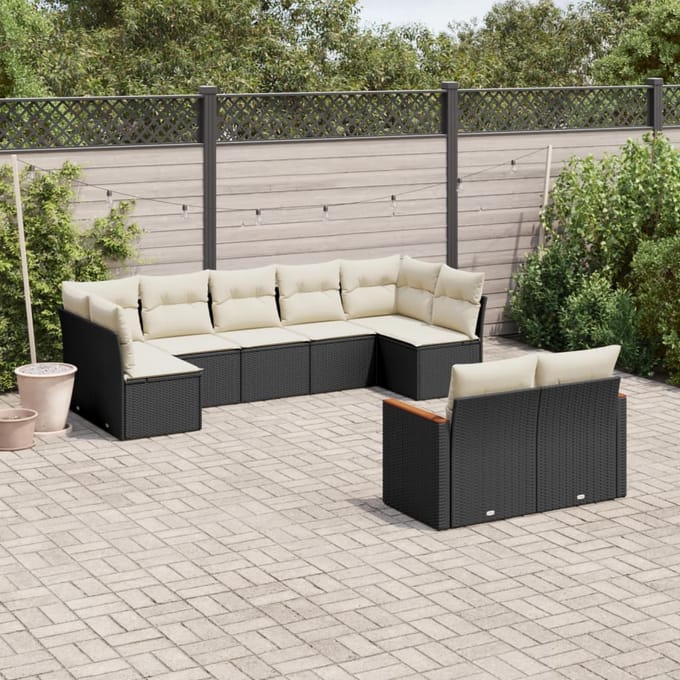 vidaXL - 9-delige - Loungeset - met - kussens - poly - rattan - zwart