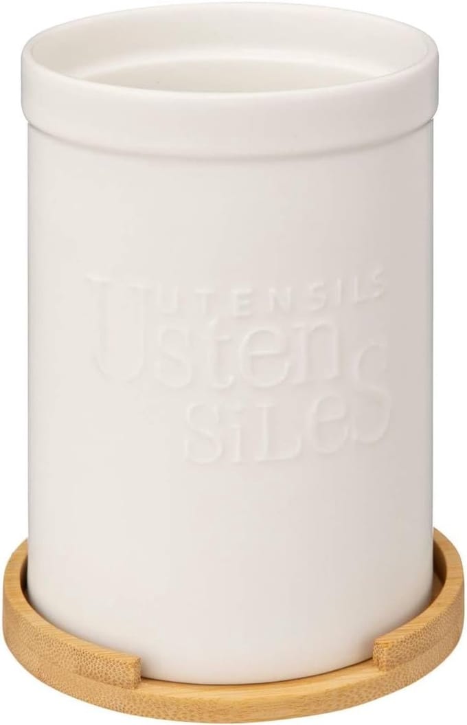 5five Natureo Keramische Bestekpot met Bamboe Stand - 12,8 x 18 cm, Wit