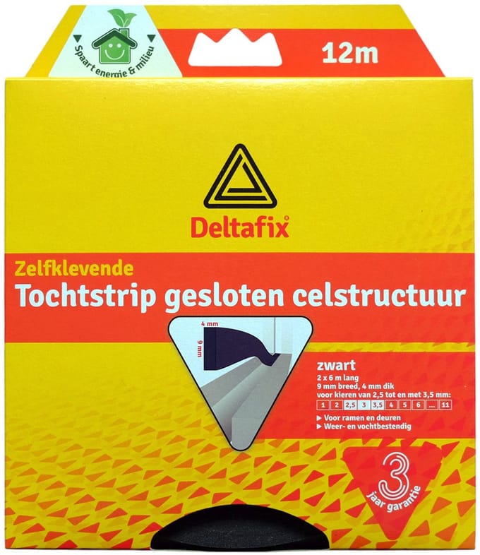 Deltafix tochtstrip zelfklevend gesloten celstructuur zwart 12 m x 9 mm x 4 mm